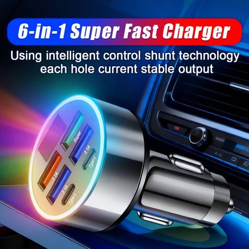 super fast car charger 6 in 1 car fast charger with fast charging usb c dual pd and qc3 0 4 usb ports with portable charger car and phone charger car charger