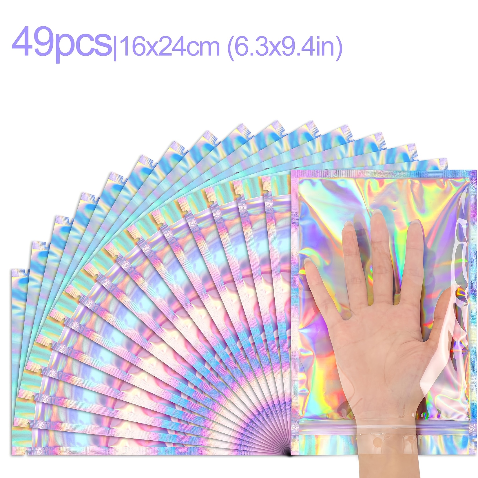 TEMU Set da 49 pezzi, Sacchetti olografici richiudibili grandi 16�24cm (6,3�9,4 pollici), Sacchetti iridescenti richiudibili rivestiti in alluminio,