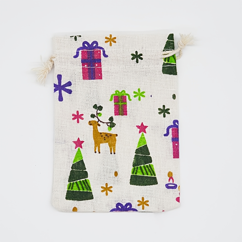 Christmas Drawstring Gift Bags with Vintage Tree & Reindeer Print