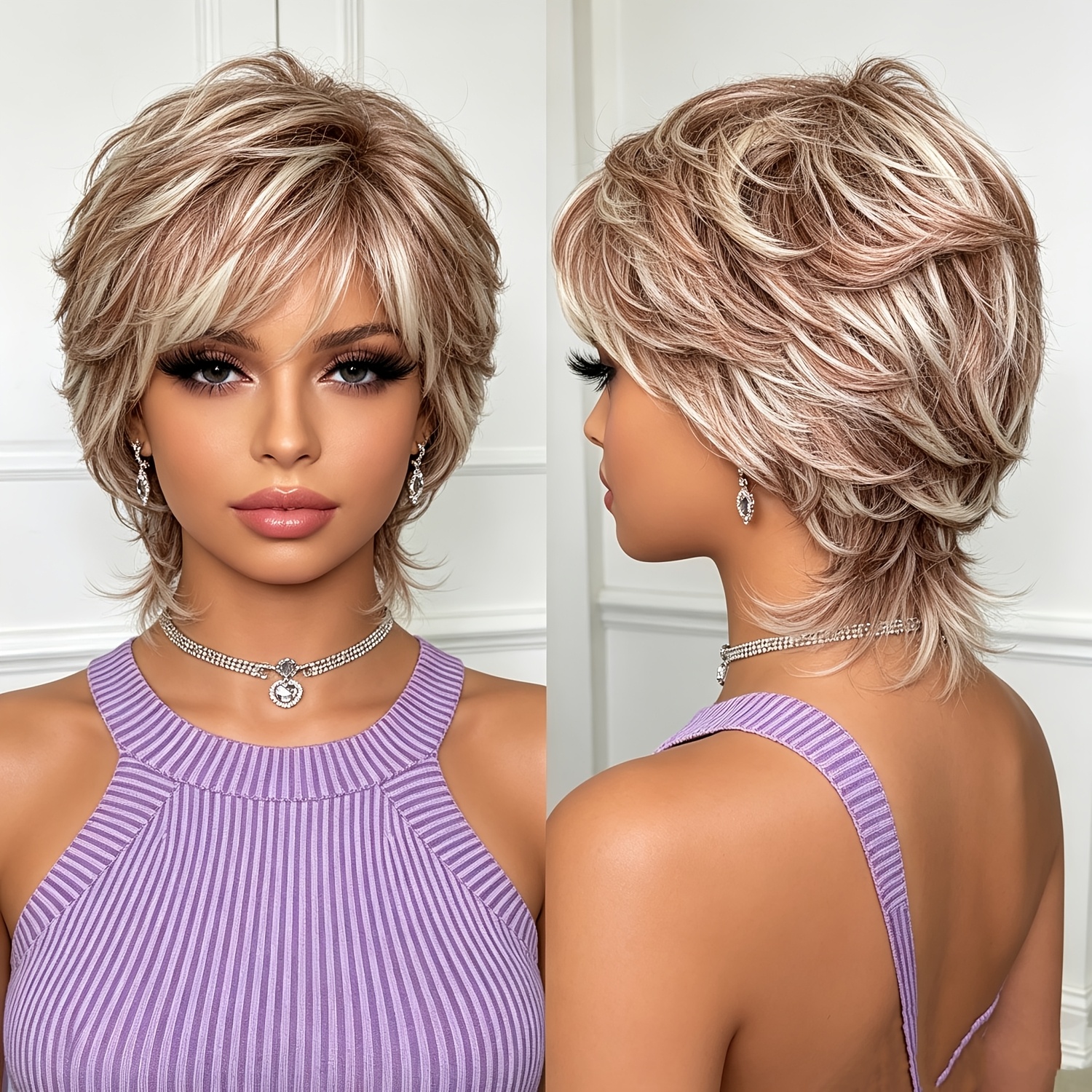 TEMU Huixin Women' Natural Layered Short Hair Wig With Bangs - Straight Synthetic Brown Wigs Suitable For Daily Wear, Elastic For, & Low-maintenance