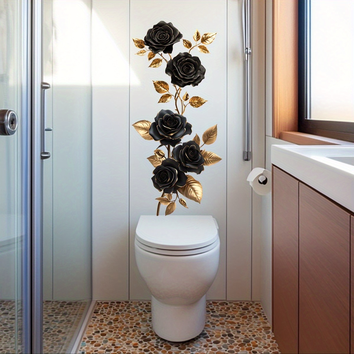 Image of 1pc Black And Golden Rose Vine Wall Sticker, Suitable For Living Room, Bedroom And Bathroom Decoration Home Background Wall Art Sticker