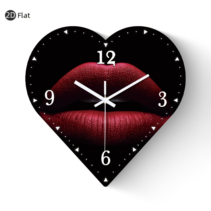 TEMU 1pc Silent Wall Clock Non-ticking Wooden, Decorative Heart-shaped Clock Hd Glossy Lamination End Red Lips A Clock Face With Numbers Design For