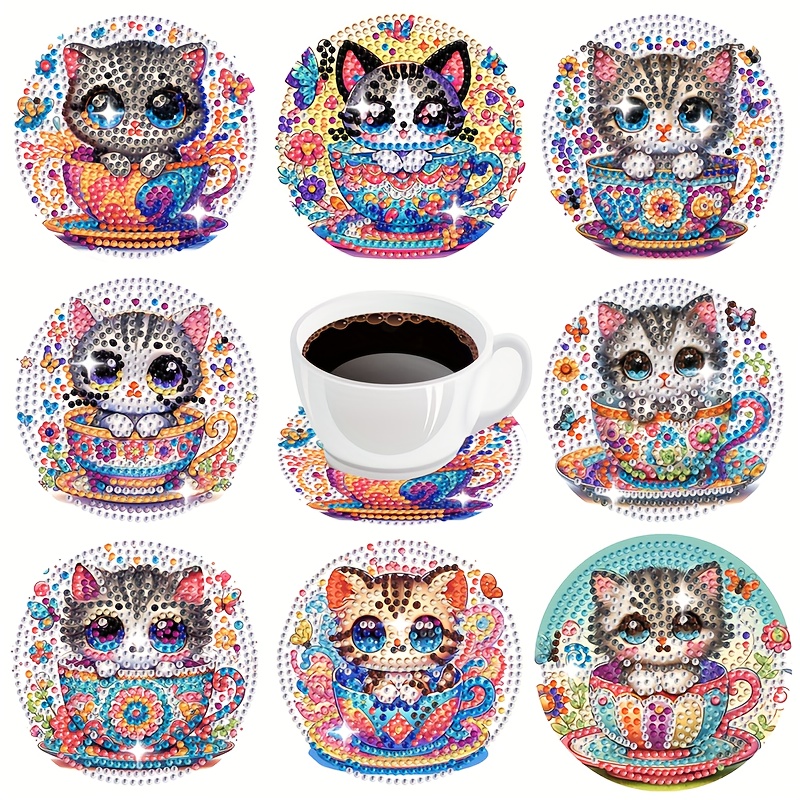 TEMU 8pcs Diamond Painting Coaster Set Diamond Painting Coaster With Stand Painting Craft Kit Adult Irregular Full Diamond Kit Suitable For Beginners