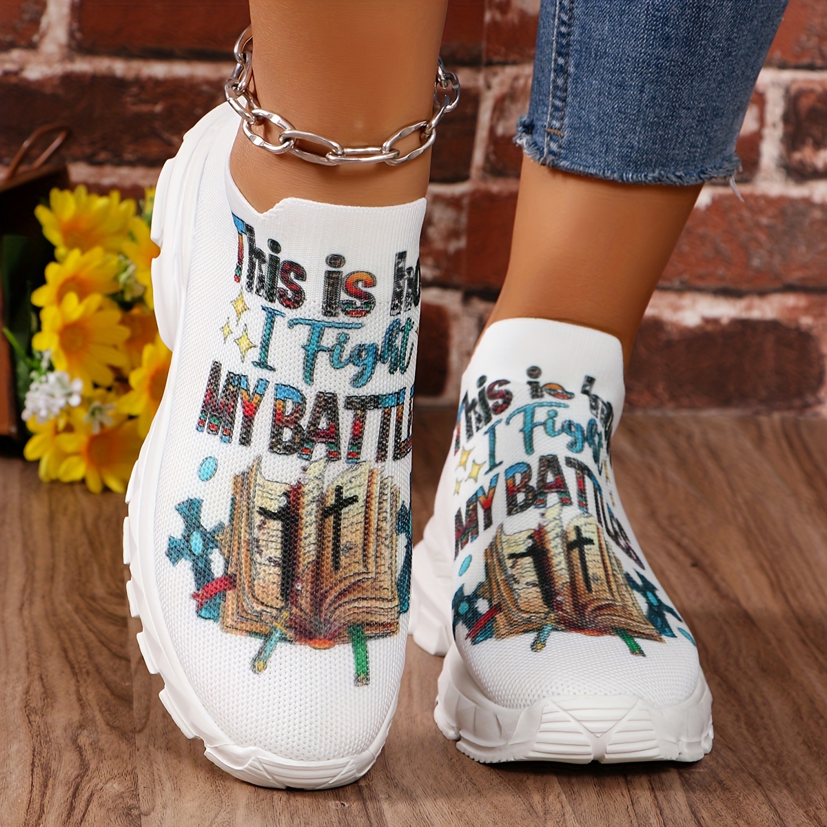 women s letter print platform sneakers breathable knit slip details 2