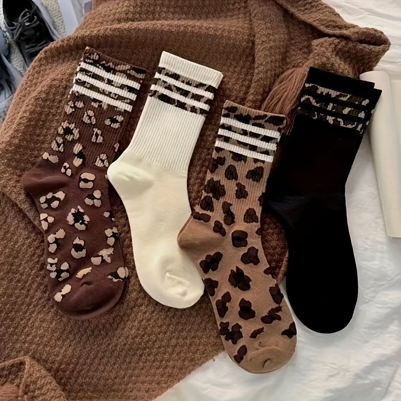 E-shop 5 Paar Damen Socken Leopardenmuster Wadenlange Socken, Frühling Herbst Trendy Vielseitige Schweißabsorbierende Anti-Rutsch Bequeme Atmungsaktive