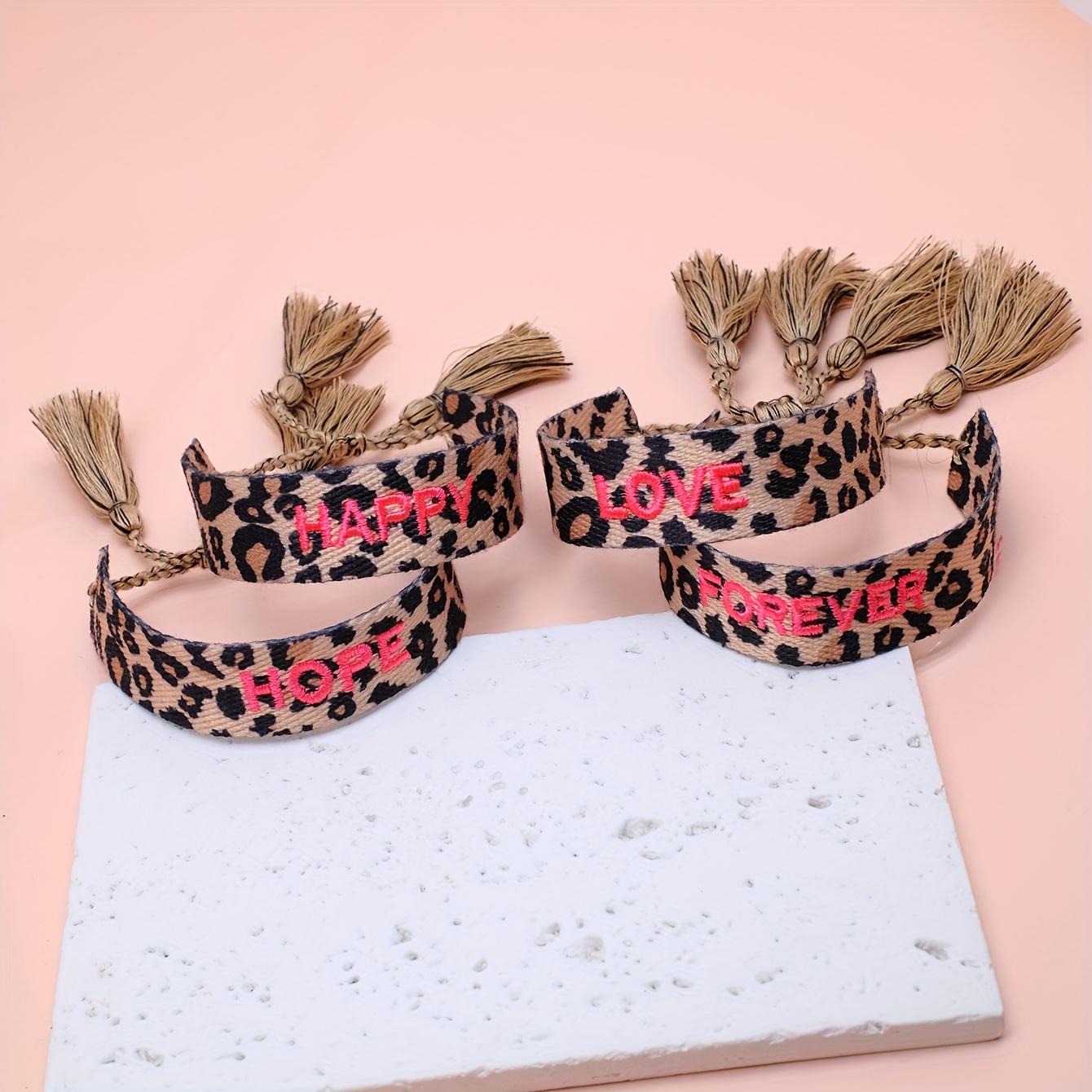 TEMU 4pcs Set Leopard Print Embroidered "love " Letter Bracelet, Hand-woven Adjustable Vintage Tassel Bracelet, Wrist Cord For Women' Wear, Parties,