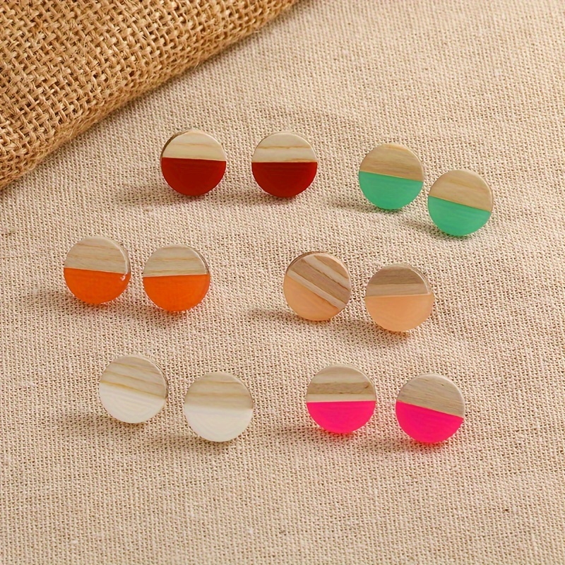 

6-pair Set Of Vintage-inspired Round Wooden Dangle Earrings - Hypoallergenic Stainless Steel Hooks, Perfect For Everyday & Vacation Wear