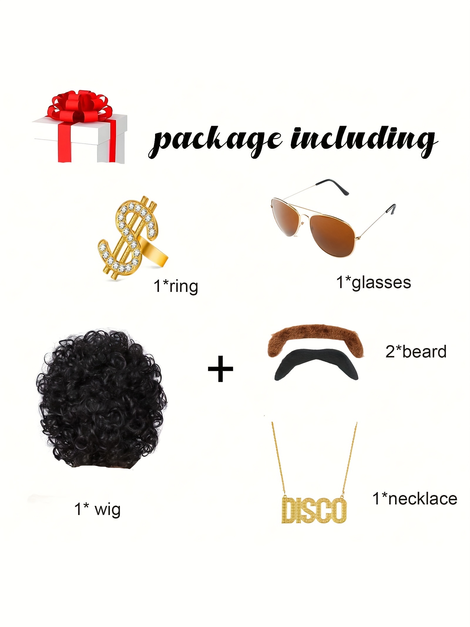 6pcs/set 70s 80s Disco Wig Costume Set, Includes Disco Hippie Short Curly Wig, Disco Fashion Glasses, Moustache And Faux Golden Chain Necklace for Disco Men Party for Halloween Party Dressing Up details 7