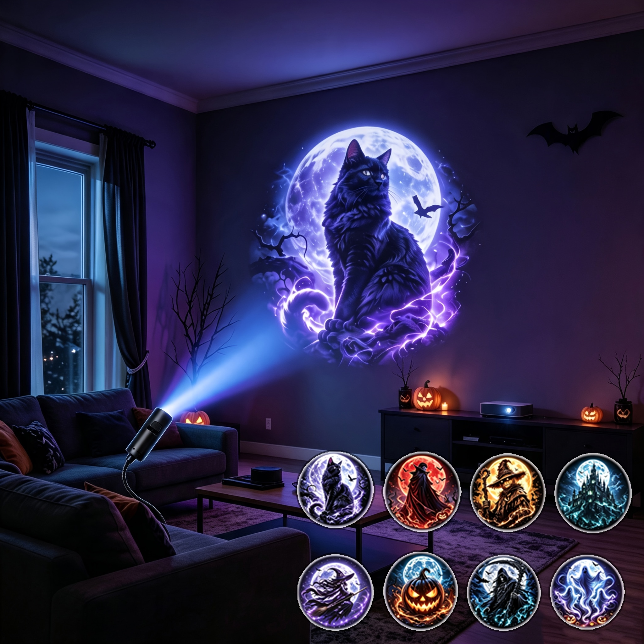 TEMU 1pc Halloween Led Projection Night Light With 8 Interchangeable Film Slides Skeleton Patterns Usb Powered Spooky Atmosphere Decor Lamp For