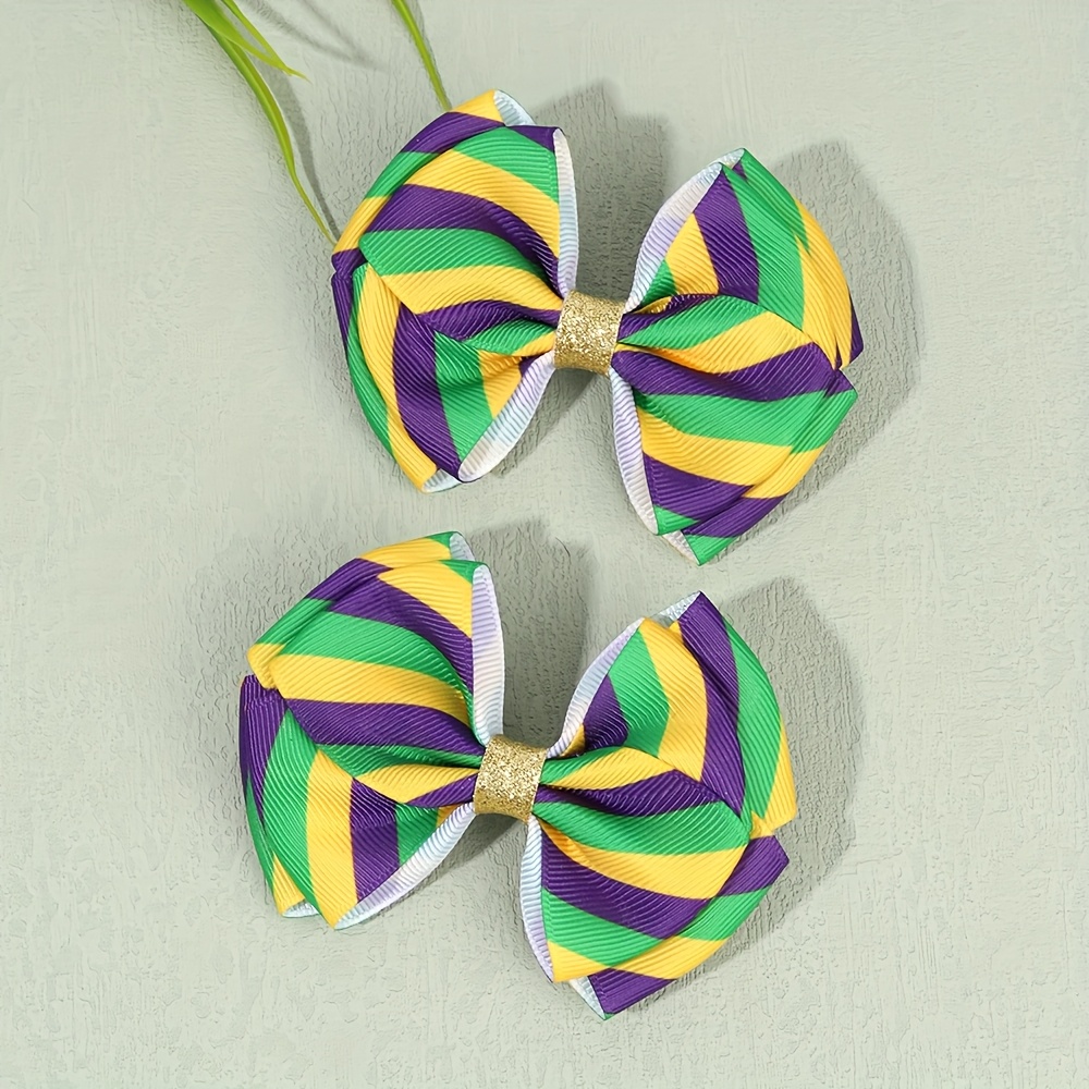 

2pcs Mardi Gras Ribbon Bow Hair Clips, Polyester Non-woven Fabric, Hair Accessories, For Women And Girls, Party And Festival , Suitable For 15+