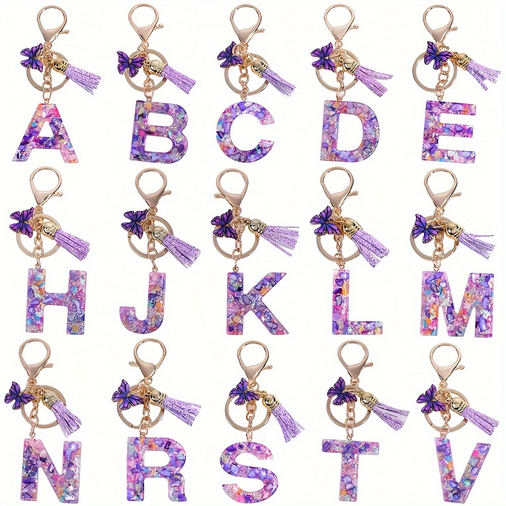 

1pc Alphabet Initial Keychain With Purple Butterfly Charm And Tassel, Resin Letter Pendant, Alloy Lobster Clasp, Women's Purse Backpack Accessory