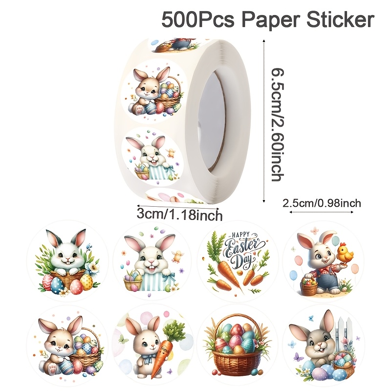 500pcs/roll Eater Round Stickers, Cartoon Bunny Rabbits & Carrots Design Self-adhesive Stickers For Dly Crafts Journals Small Business, Gift Packing, Cards, Spring Easter Holiday Party Supplies