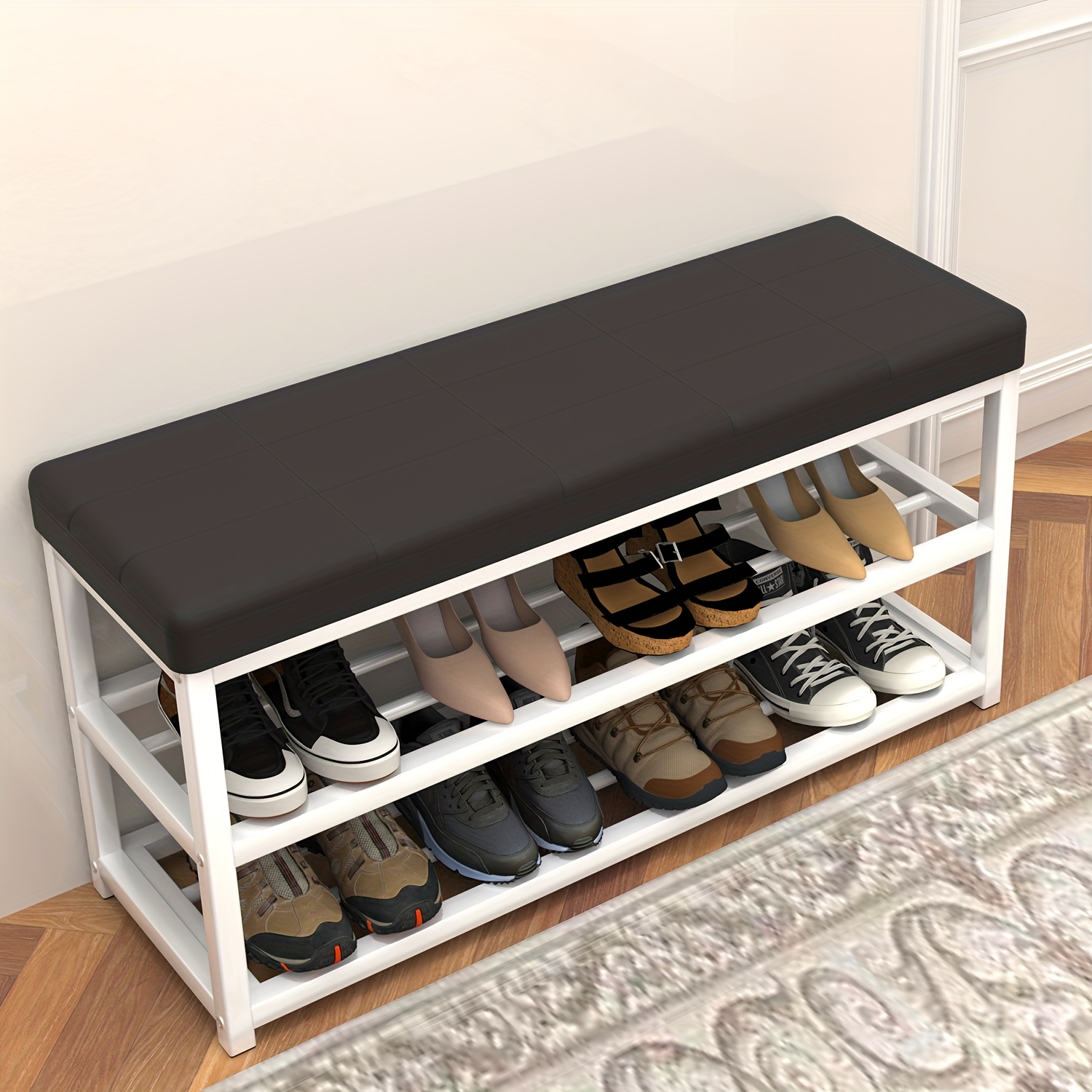 E-shop Ein Schuhbank-Messgerät mit den Maßen 90x45x30 cm, bestehend aus zwei weichen Polsterplätzen und einem Regal, geeignet für die Aufbewahrung im