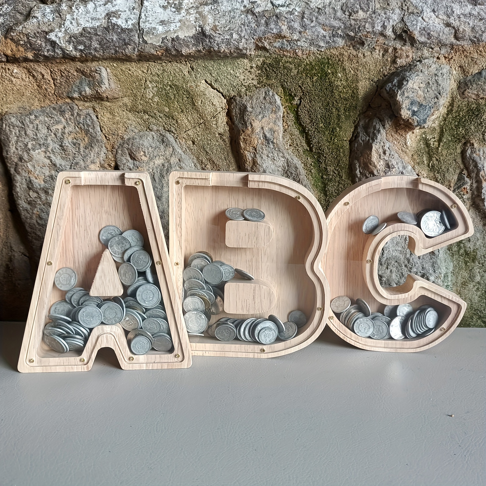 

1pc English Alphabet Piggy Bank Ornament, Creative Wooden Piggy Bank Living Room Ornaments Coin Piggy Bank Change Box Change Jar Home Small Ornaments