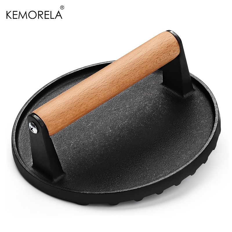 Image of Kemorela Burger Press, Smash Burger Press For Blackstone Griddle, Heavy Duty Cast Iron .9in Bacon Grill Press With Wood Handle, Meat Steak Weight For Sandwich, Paninis (round)