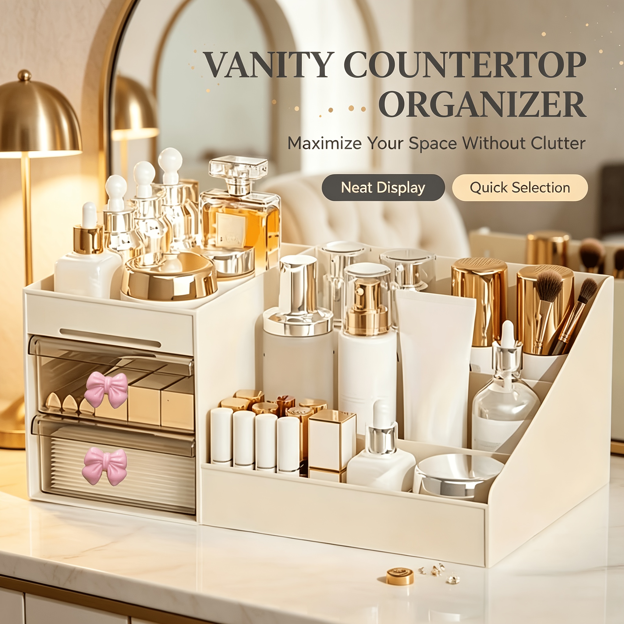 TEMU 3pcs/Set (Organisateur de Tiroir/1pc et Nœud/2pcs) Grand Organisateur de Tiroir Cosmétique en Plastique Boîte de Rangement Cosmétique Rangement