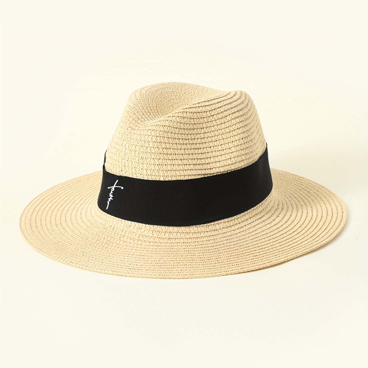 Cross Embroidered Straw Sun Hat Wide Bim Sun Protection - Temu