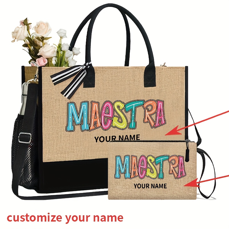 TEMU Borsa tote personalizzata esclusiva con stampa dell' 'Teacher' 884, con il tuo , due borse leggere per : una borsa da spiaggia portatile da