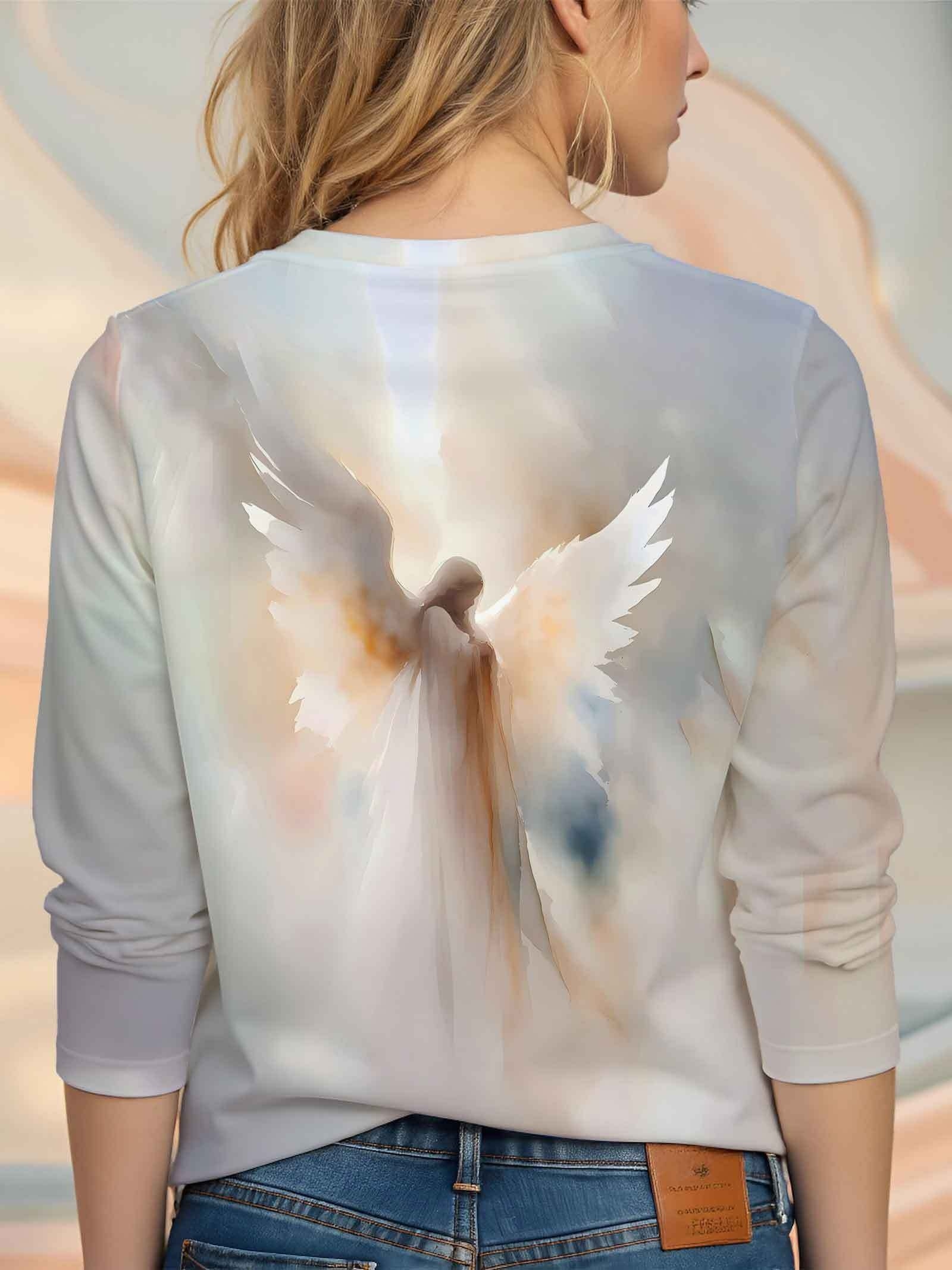 damen kunstliches engel-print langarmshirt, vintage traumhaftes flügelmuster top