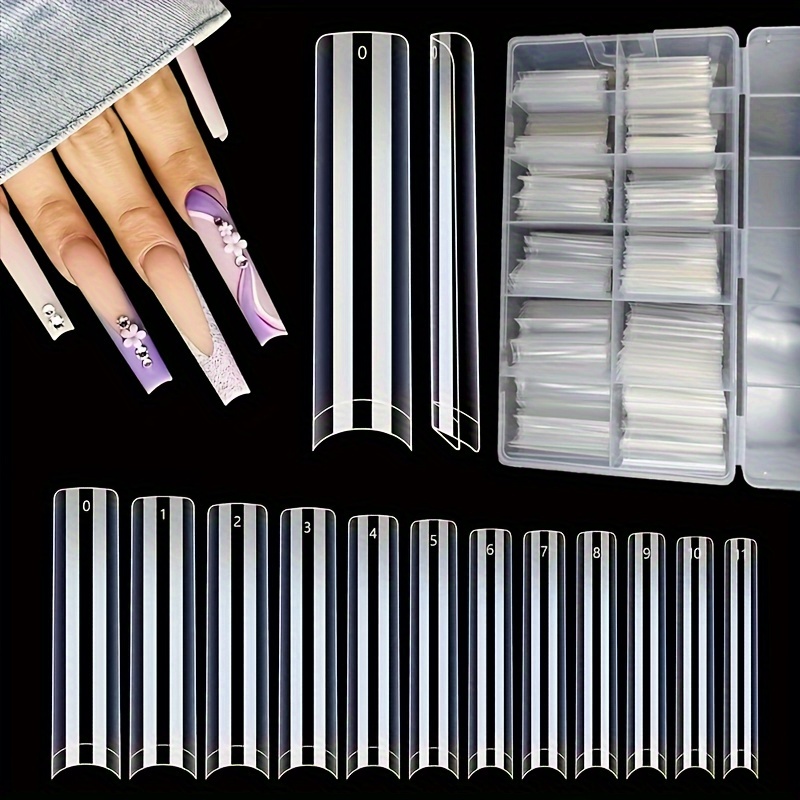 

504 embouts d'ongles en acrylique transparent, sans courbe C, 3XL extra longs, demi-couverture cercueil carré droit faux embouts d'ongles français, 12 tailles pour salon de manucure à domicile.