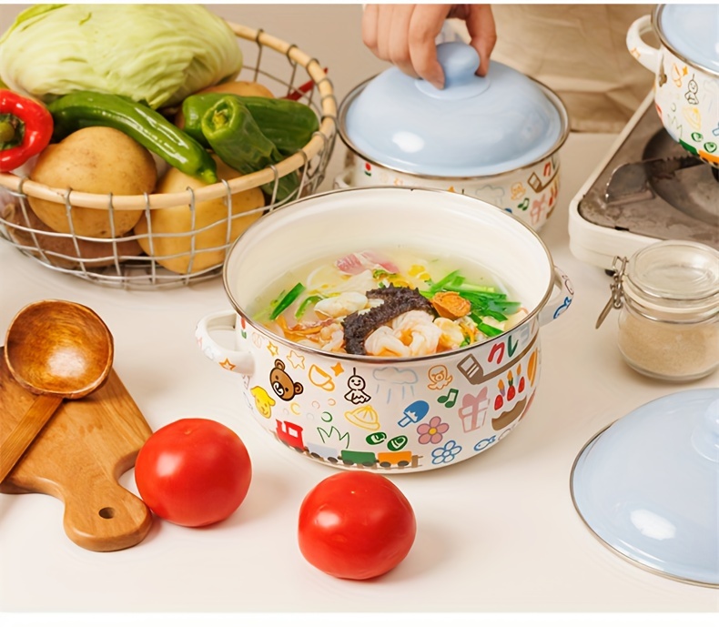 1pc enamel pot cute cartoon instant noodle pot   soup pot for home kitchen double ear pot enamel porcelain food grade details 7