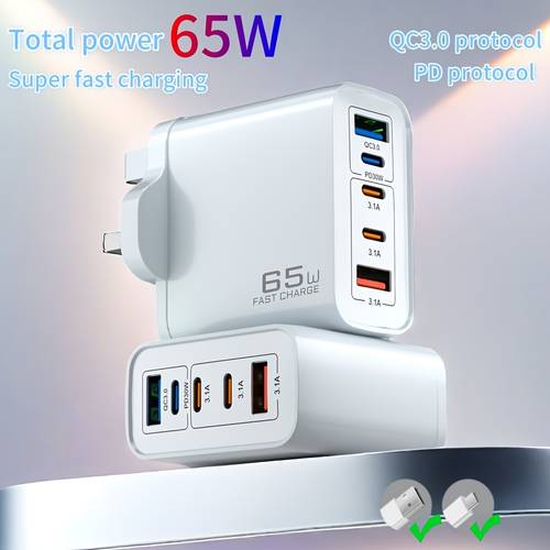 65w fast charging adapter 5 ports uk plug featuring usb type technology supports pd and qc it with charging indicators and protection for phone charger iphone 15 14 13 pro max s22 tablet