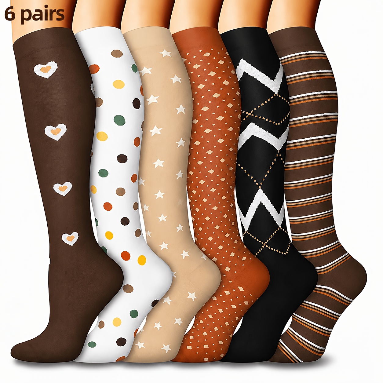 TEMU 6 Pairs Compression Socks For - Athletic Support Stockings For Running, Hiking, Cycling, Marathon, Work