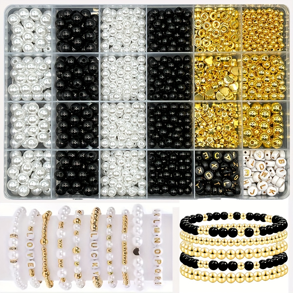 

24-grid Black And White Pearl Ccb Bead Letter Bracelet Kit For Diy Jewelry Making - Perfect For Christmas, Halloween, Love, And Friendship Bracelets