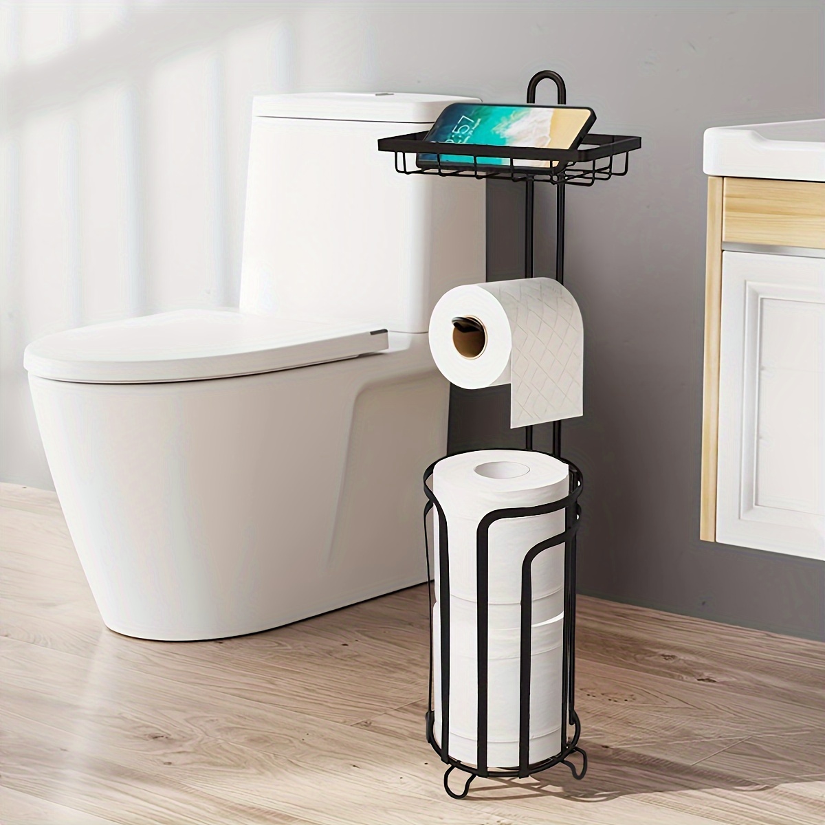 

Toilet Paper Holder Stand Tissue Paper Roll Dispenser With Shelf For Bathroom Storage Holds Reserve Mega Rolls-bronze