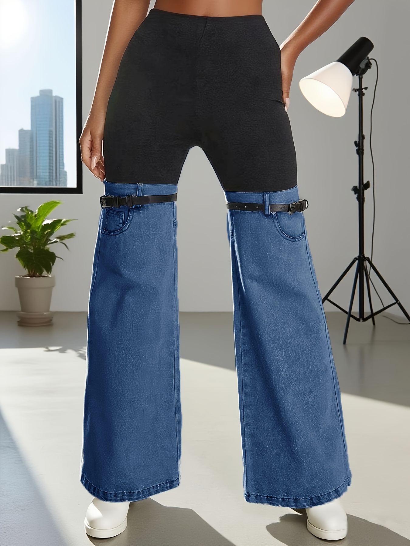 womens high waist fit flare leggings black light wash Temu