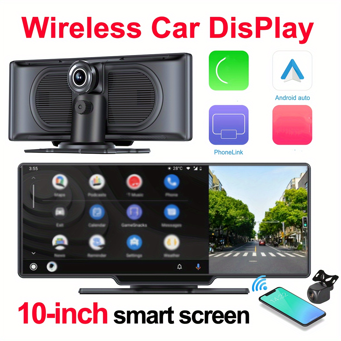 Moniteur de voiture sans fil carplay portable 10 pouces android auto  tablette stéréo multimédia navigation multimédia 2k dash cam 24h moniteur  de parc