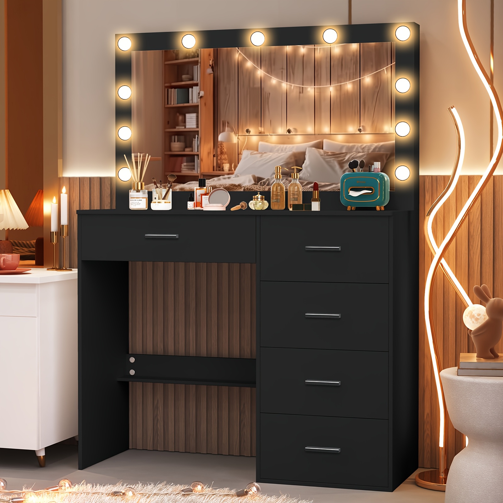    black dresser with large 11 led led bulbs adjustable pattern usb powered scandinavian   hardwood vanity organizer 3 2 cu ft storage 27   assembly dresser vanity desk modern aesthetic wood grain texture Product details 0