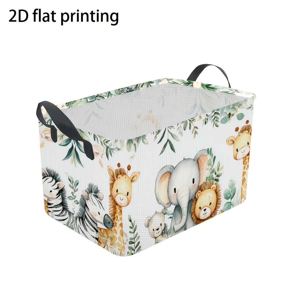 TEMU 1pc, Rectangular Laundry Basket With A Cute Deer And Elephant Pattern, Foldable And Space- Multifunctional Polyester Fabric Storage Box,