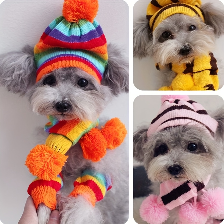 

6-piece Winter Pet Apparel Set - Acrylic Knit Dog Hat, Scarf, And Leg Warmers - Machine Washable, For Small Breeds - Woven Rainbow And Bee-inspired Patterns