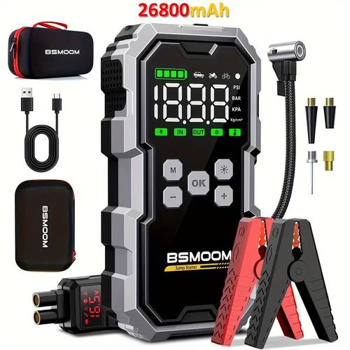 Accuboosterset met draadloze bandenpomp en luchtcompressor, startkabel voor auto's, 10000A accubooster met powerbank en LED-zaklamp, 12V automatische startkabelbox met opbergtas geschikt voor alle benzine- of 10.0L dieselvoertuigen, slimme kabels met spanningsweergave