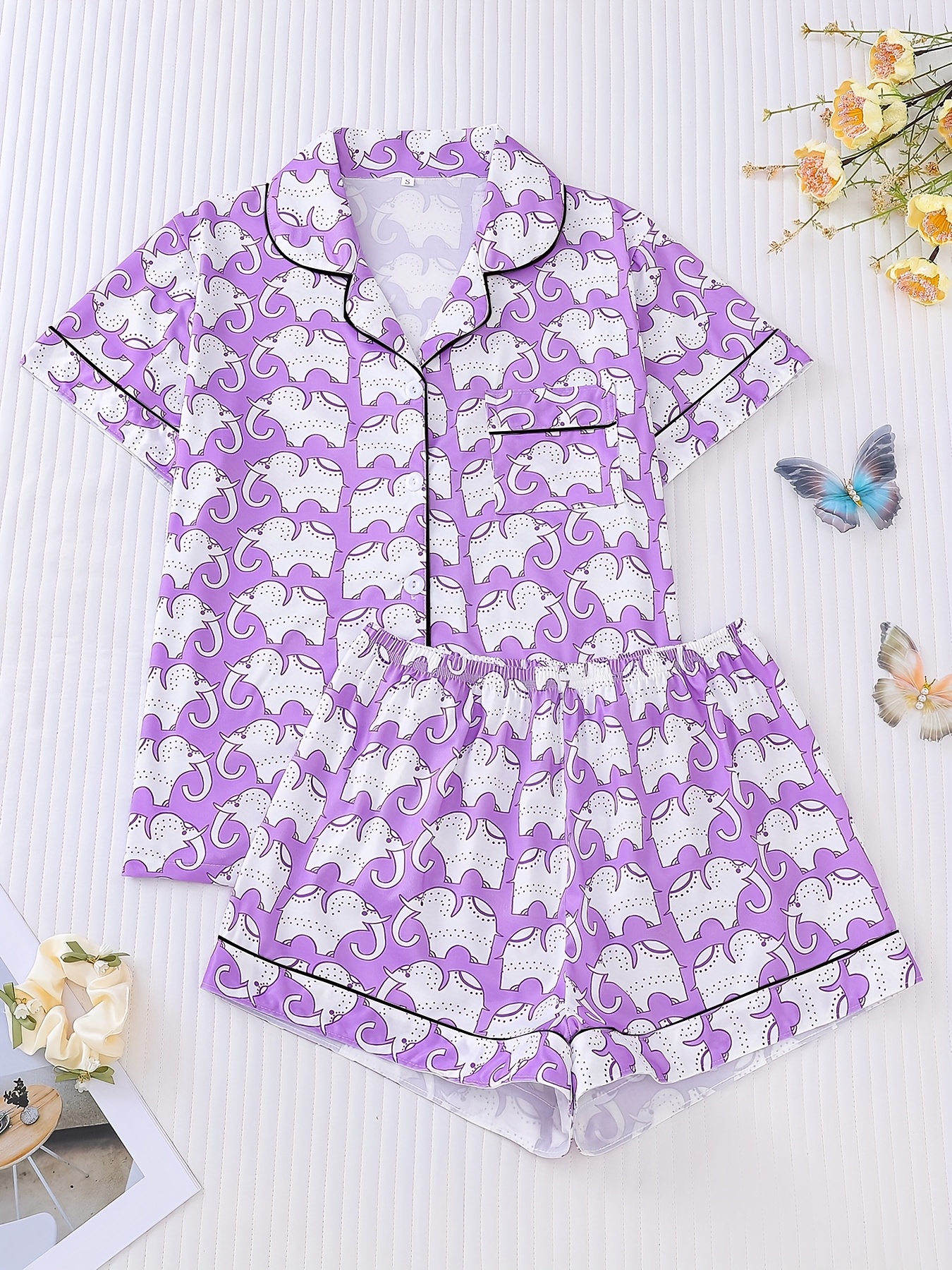 womens cute elephant print pajama set short sleeve button Temu