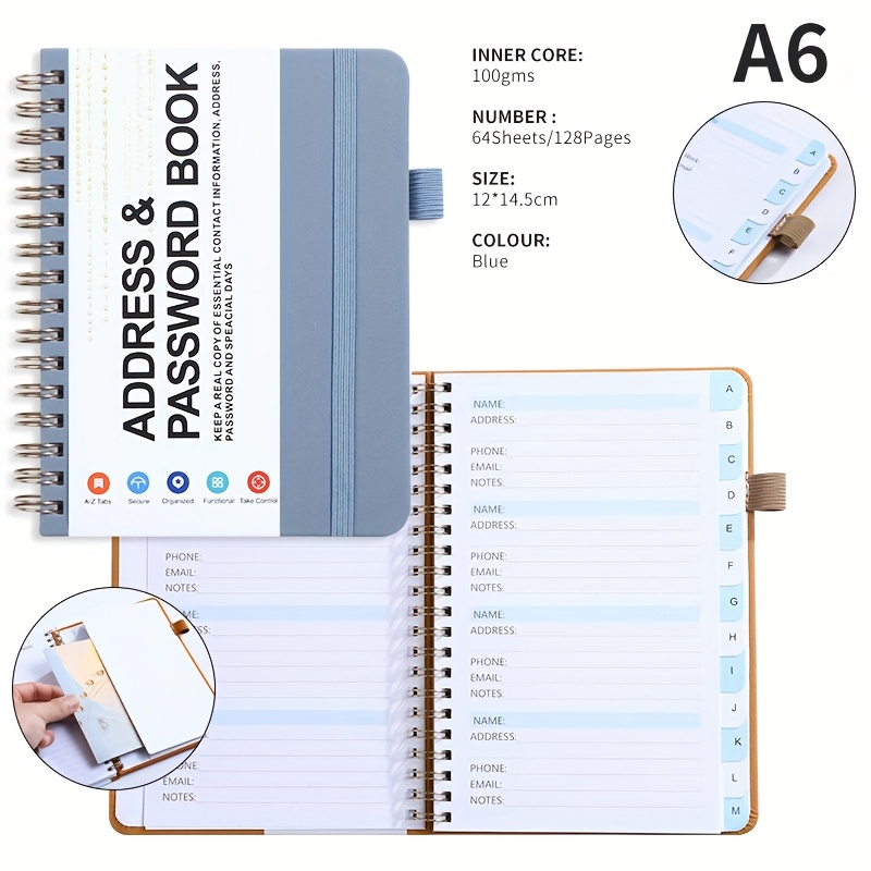 Spiral Book + Colorful Alphabetical Tabs & Pen Holder Notebook For Telephone Website E-mail