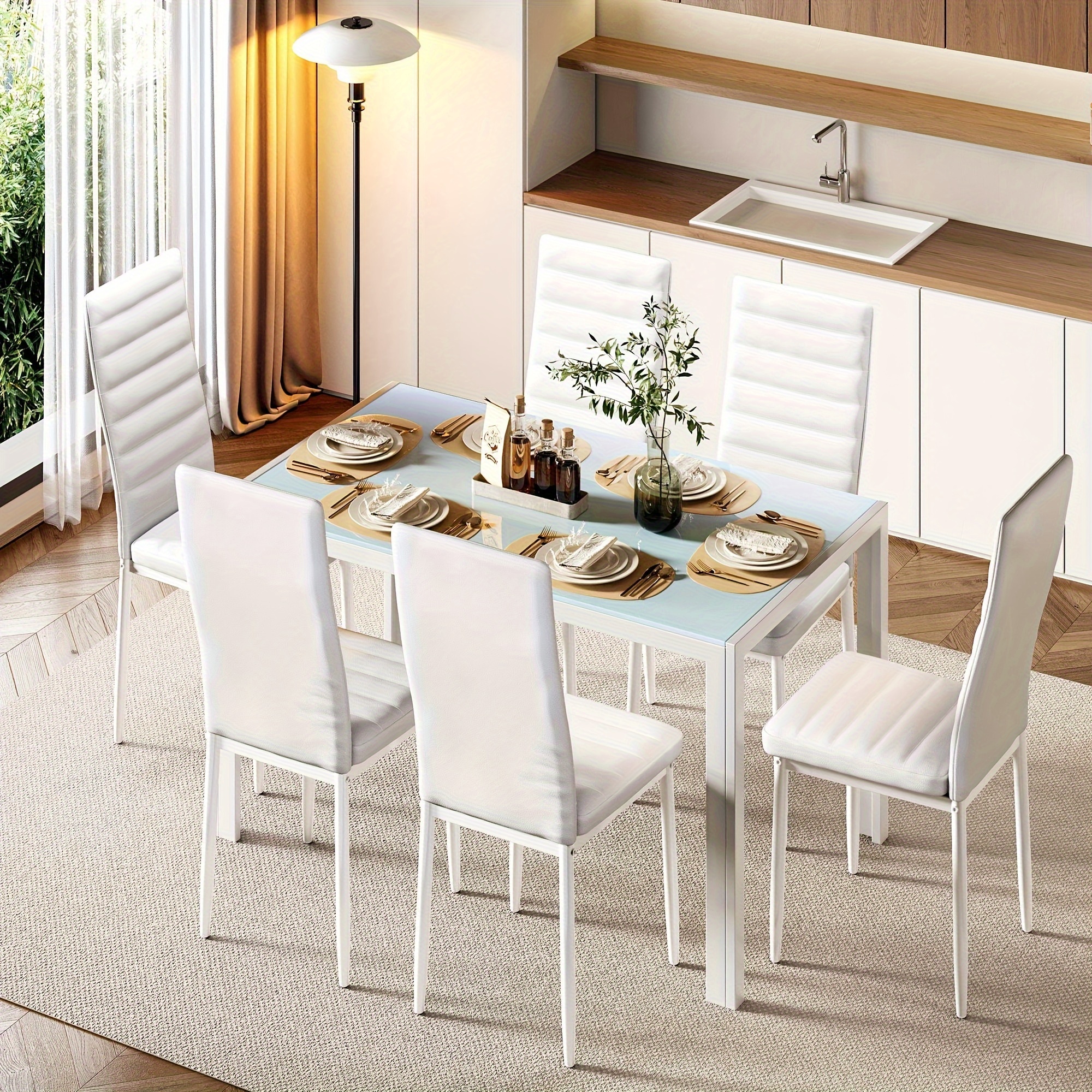 TEMU 7pcs Glass Dining Table Set For 6, Modern Kitchen Table And Chairs With Pu Leather Seats, Dining Room Furniture For Home Room
