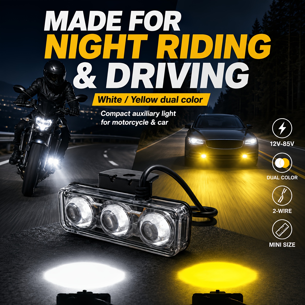 TEMU Mini Led Auxiliary Light, 12v-85v Wide Voltage, White Yellow , 4 Light Modes, 2-wire Universal Light For Motorcycle And Car