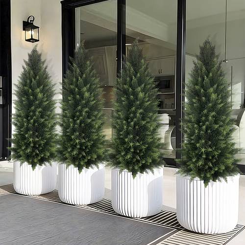 two 48 inch artificial topiary artificial cedar trees uv protected bushes potted plants artificial shrubs for outdoors indoors front porch gardens christmas and other holidays housewarming