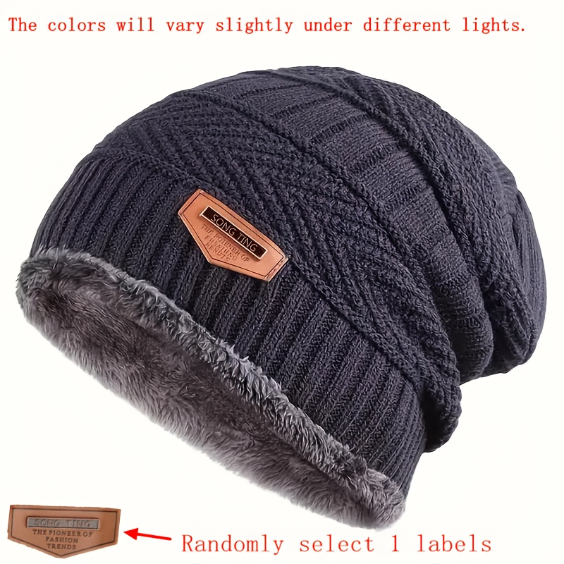 TEMU Men's Fleece-lined Beanie With Pom-pom And Patch - Thickened Ear Protection Knit Hat, Suitable For Fall/winter Outdoor Riding , , Ideal Gift For