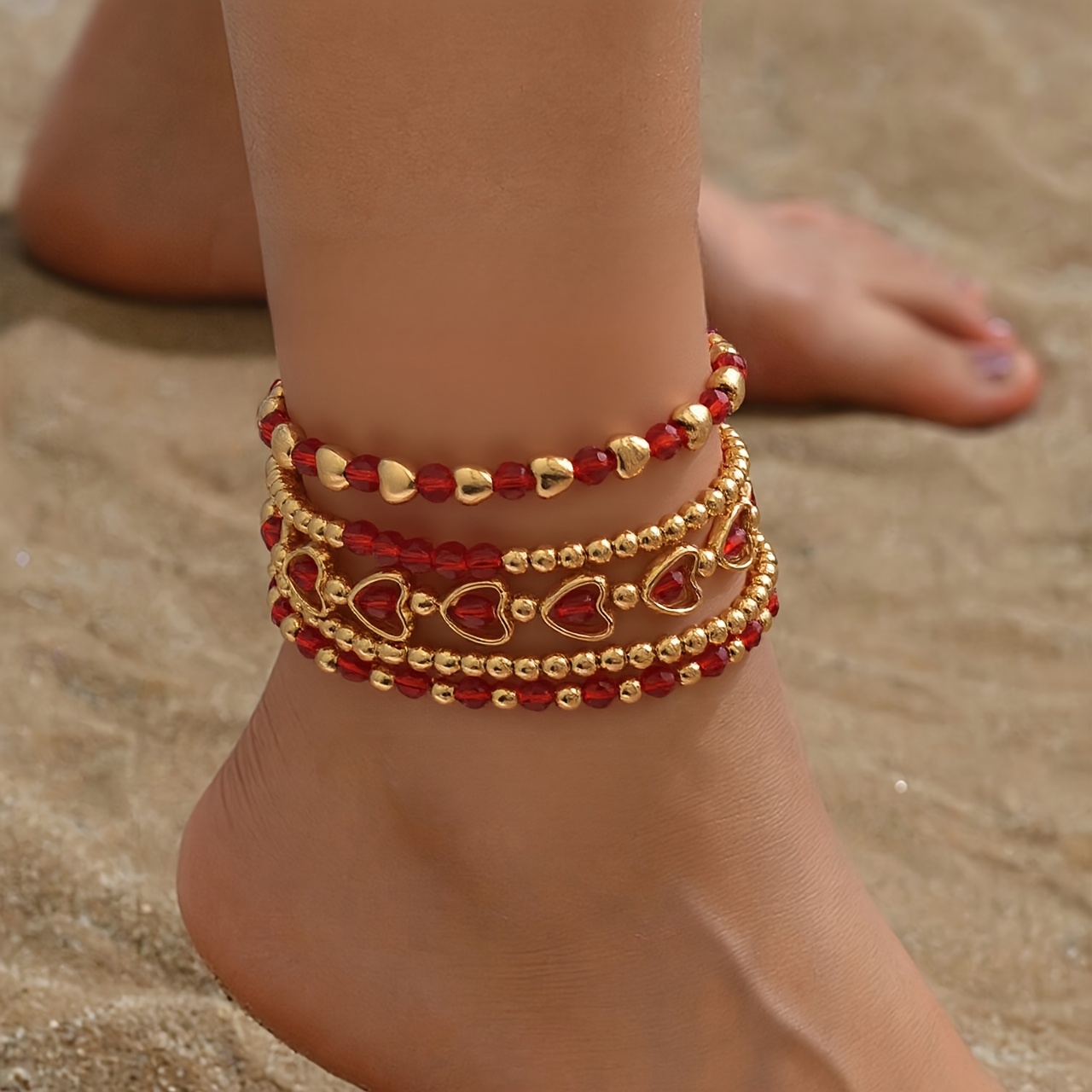 Image of 5pcs/set Women's Anklet - Elegant Anklet With Red Heart Elements - Perfect For Valentine's Day And New Year's Gifts, Suitable For Daily Wear And Beach Vacation