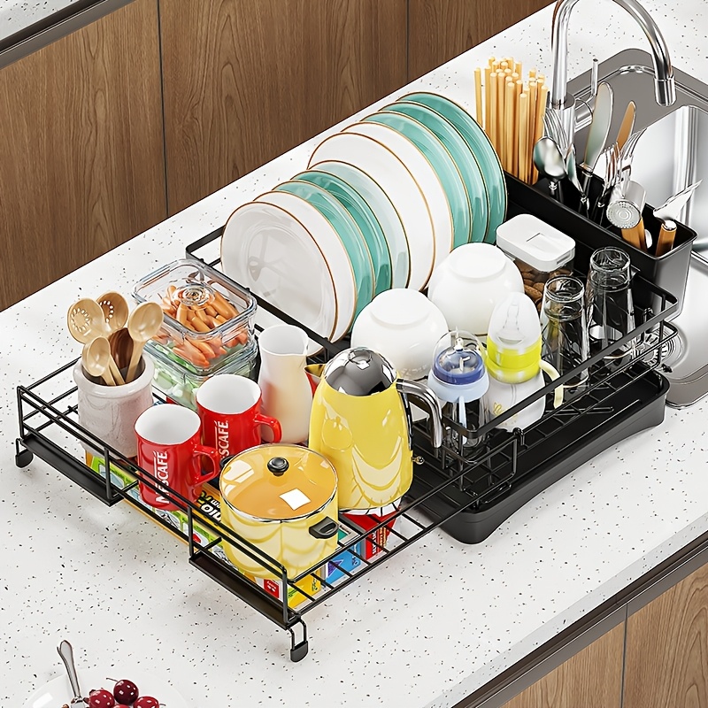 TEMU Dish Drying Rack - Extendable Dish Rack, Large Sink Drying Dish Drainer For Kitchen Counter, Stainless Steel Dish Strainer With Utensil Holder