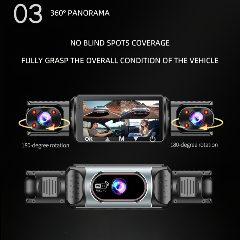 360 panoramic dash cam 1080p hd recording 3 4 channel front 1080p rear   720p 3 5     in wi fi for smartphone connection   motion detection parking surveillance and 24h loop recording Product details 4