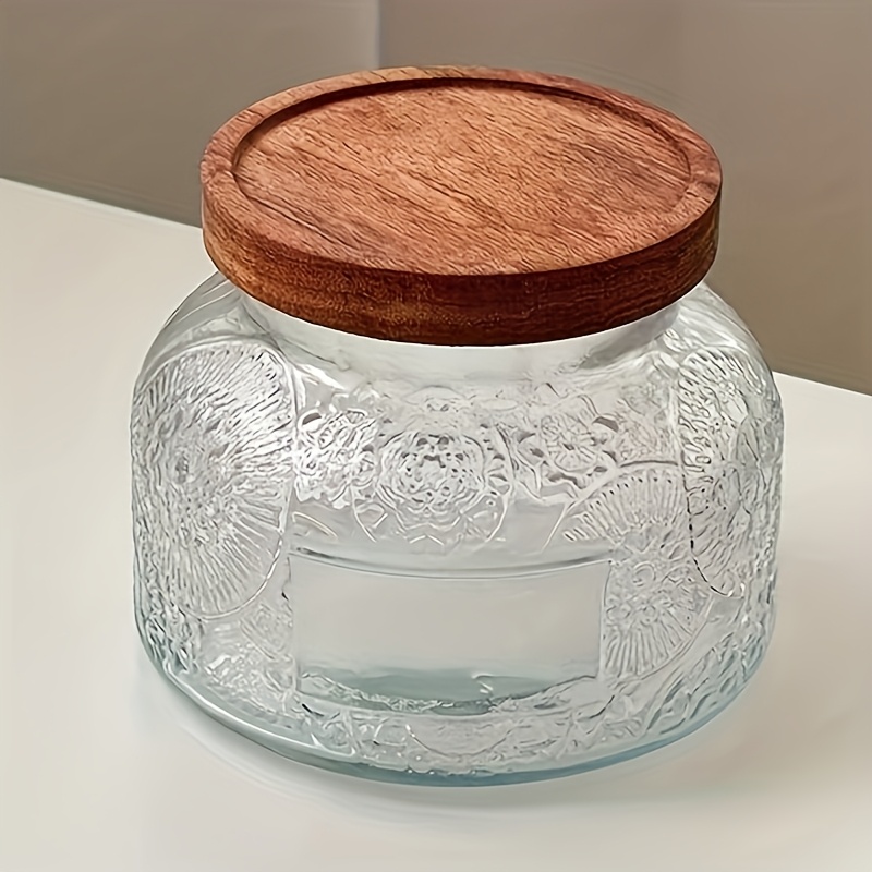 Image of Vintage Glass Sealed Jar, Kitchen Storage Jar, Coffee Bean Container, Snack Moisture-proof Tea Storage Bottle, Transparent Dried Fruit Storage Box, Wood Lid Candy Jar