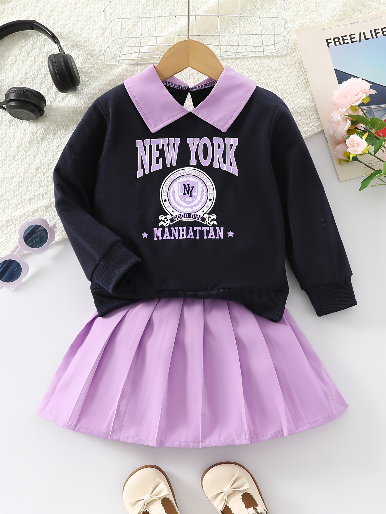 Two-piece Set for Girls: Fashionable Letter Random Print with Turnover Collar Regular Long Sleeve Top + Pleated Edge Solid Color Regular Short Skirt Length and Thigh Spring and Autumn Casual Half Skirt Set