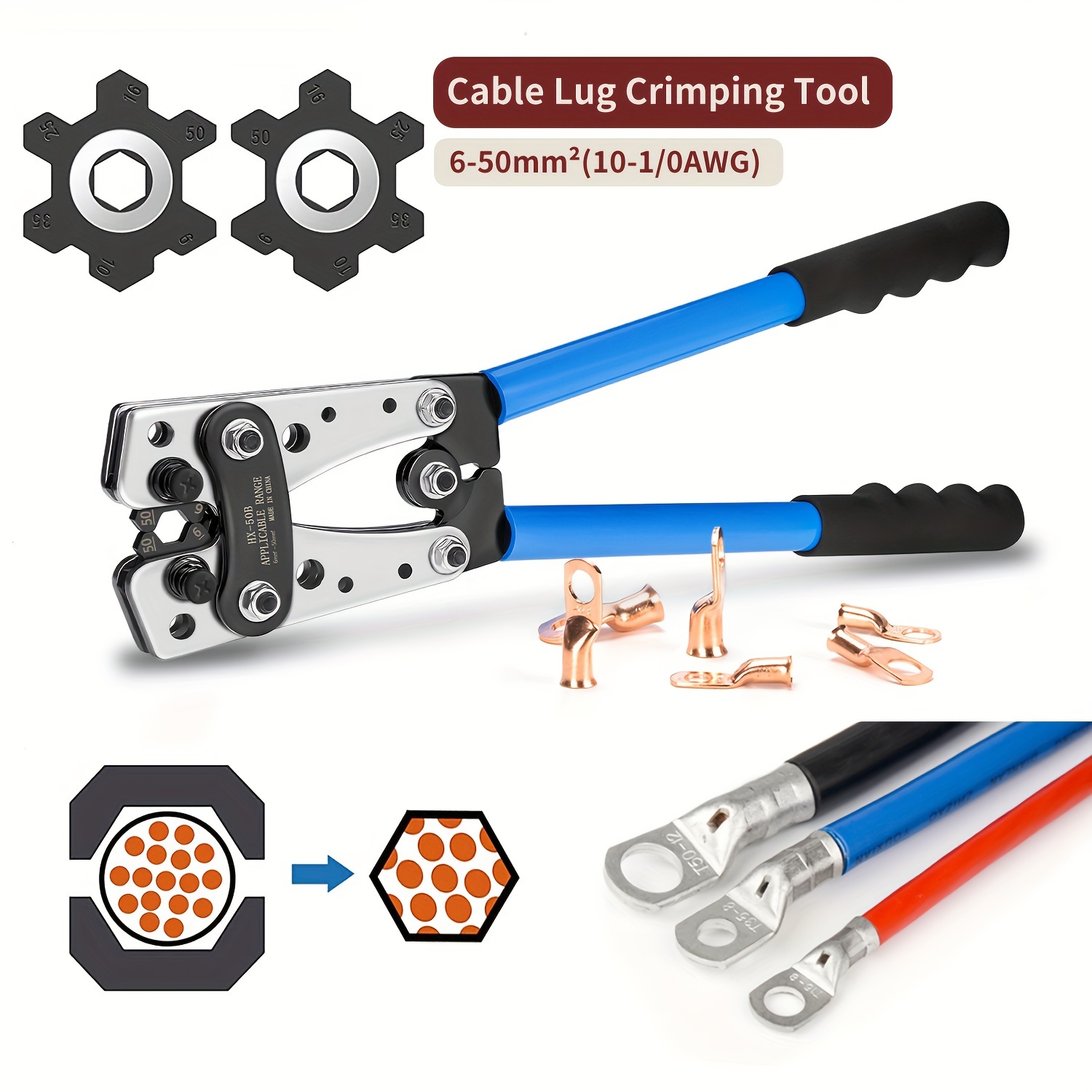 

Hx-50b 6-50mm² Battery Cable Lug Crimping Tool For Awg 10-1/0 Heavy Duty Wire Lug Tube Terminal Crimper Hex Crimp Tools Pliers