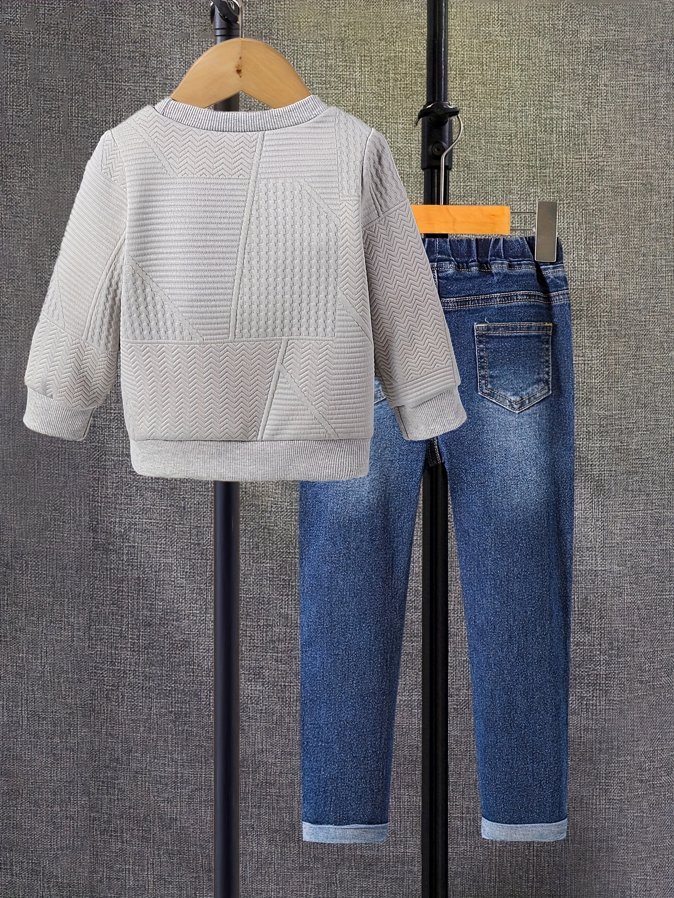 Jongens 2-delige Lente/Herfst Outfit Set - Geometrische Textuur Sweatshirt met Lange Mouwen & Ronde Hals & Stretch Jeans