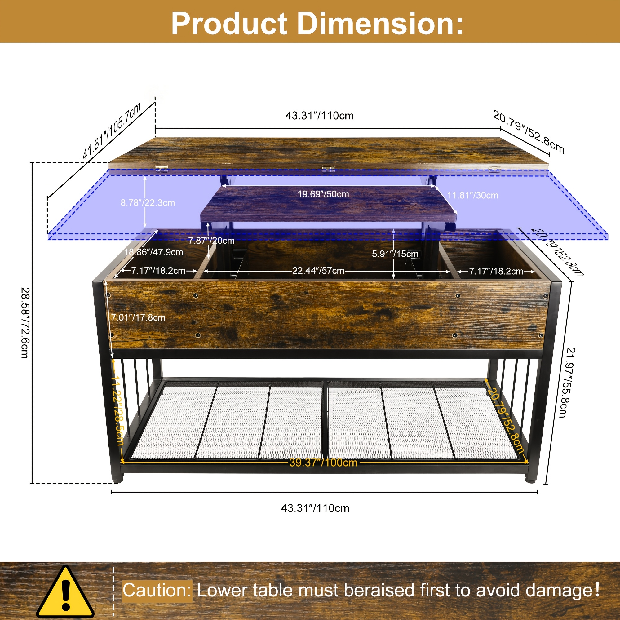 Lift Top Coffee Table with Hidden Storage, Industrial Wood And Metal Living Room Table with Open Shelf, Liftable Dining Coffee Table for Home Office