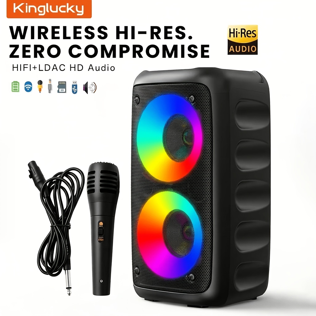 Image of Kinglucky Portable Karaoke Wireless Speaker With Led Lights, 360° , Fm Radio, Tf/usb Support, Loud , Suitable For Party, Family, Outdoors, 2 : With Wired Microphone/microphone Not Included